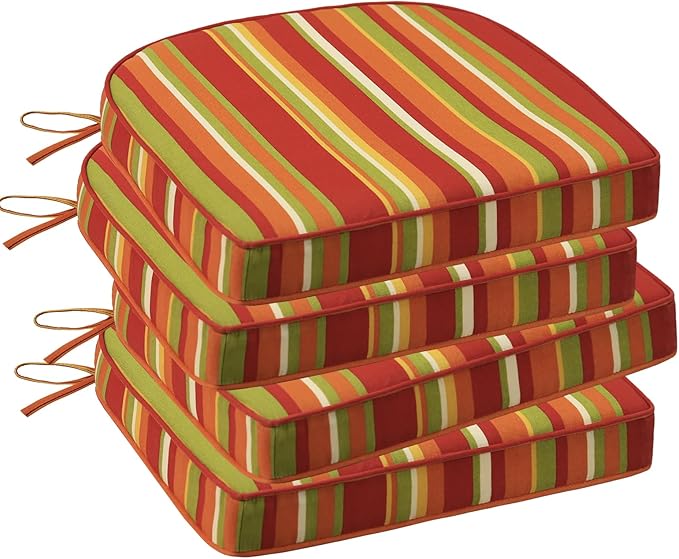 Outdoor Round Corner Seat Cushion, 17"x16"x2", Set of 4, Non Slip Seat Cushion Pads with Removable Cover for Patio Furniture, Garden Yard Lawn, Rainbow Stripe-VerdiqueGarden