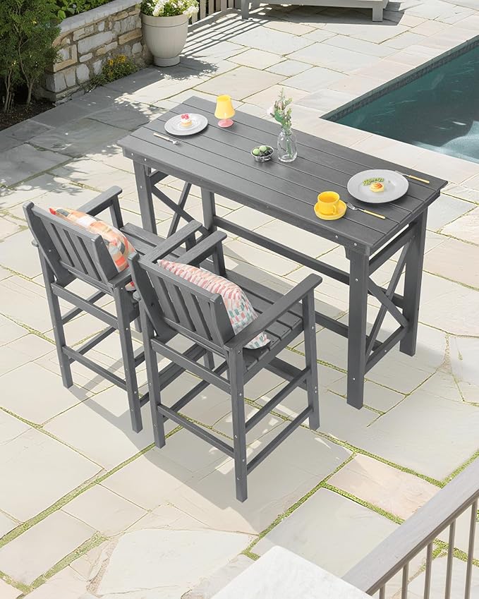 3 Pieces HDPE Outdoor Patio Bar Set, Rectangular Bar Height Table and Chairs Set, Patio Bar Stools Set, HDPE Outdoor Bar Table and Chairs Set for Balcony, Poolside, Porch, Smoke Gray-VerdiqueGarden
