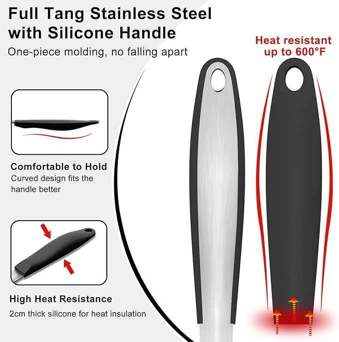 BBQ Grilling Accessories, 3Pcs Stainless Steel Grill Tools Accessories Set with Spatula, Fork and Tongs, Barbecue Utensils Grilling Tools for Outdoor Camping, Heat-Resistant Silicone Handle-VerdiqueGarden