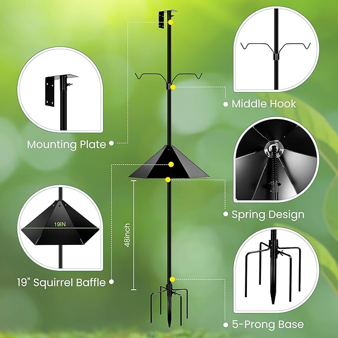 Bird House Pole, 95 Inch Heavy Duty Bird Feeder Pole Mount Kit for Outdoors, Adjustable Feeding Stand, with 2-Hooks, Metal Squirrel Baffle and 5-Prong Base, for Birds Watching-VerdiqueGarden