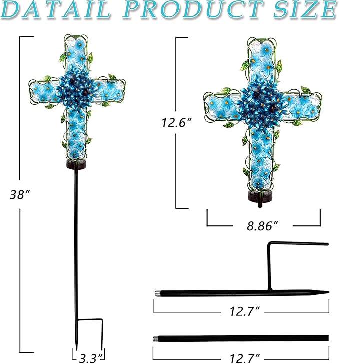 Solar Cross Garden Lights Outdoor Decorative - Solar Metal&Glass Cross Blue Hydrangea Flower Stake Lights- Waterproof 20 Warm White LED for Remembrance Gifts-VerdiqueGarden