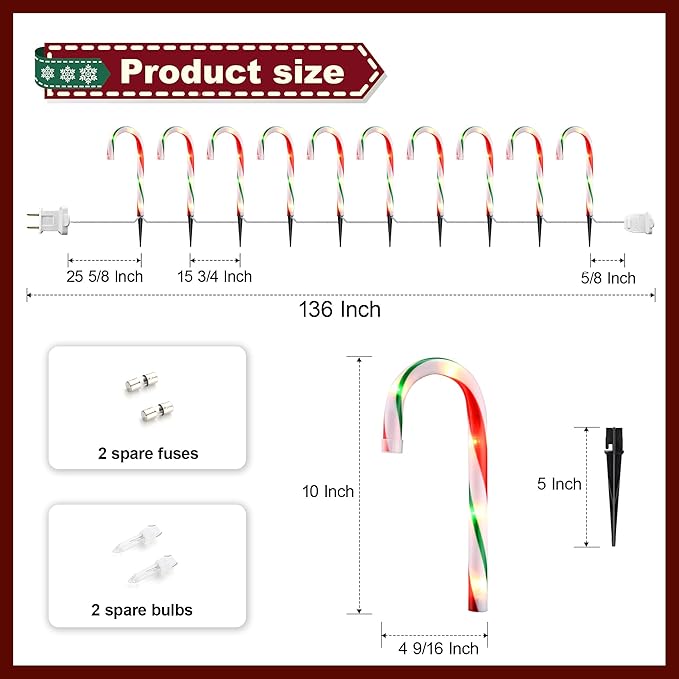 10" Christmas Candy Cane Pathway Lights, Set of 10 Pack Christmas Outdoor Decorations Candy Cane Lights Red & Green-VerdiqueGarden