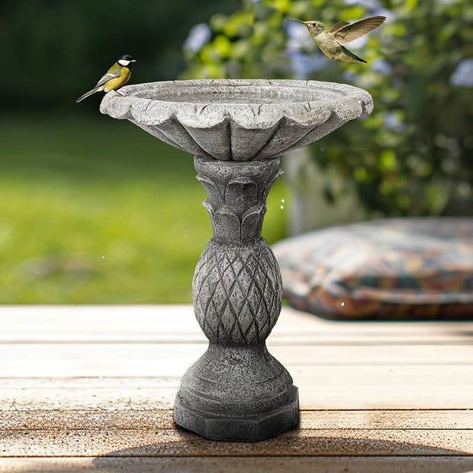 SunJet 24.8 Inch Heigh Concrete Bird Bath with Pineapple Texture – birdbath Sturdy & Elegant Design, Vintage Freestanding Style, Attracts Birds and Enhances Garden, Patio, Yard, Lawn Décor-VerdiqueGarden