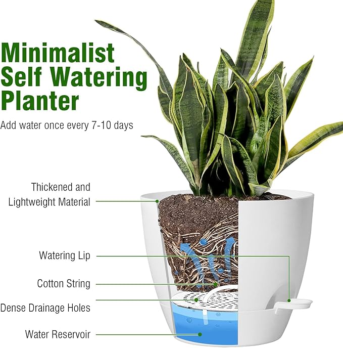 10/9/8 inch Self Watering Pots, Set of 3 Plastic Planters with Mesh Drainage Holes and Deep Reservoir for Indoor Outdoor Garden Plants and Flowers, White-VerdiqueGarden