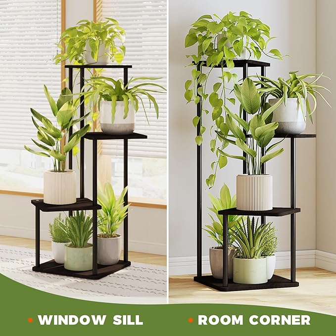 Bamworld 4 Tier Plant Stand Indoor, Small Metal Plant Shelf for Multiple Plants, Corner Flower Stand for Patio Garden Balcony Living Room Bedroom(Black)-VerdiqueGarden