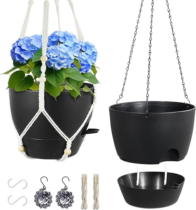 10 inch Self Watering Hanging Planters, 2 Pack Hanging Baskets for Indoor Outdoor Plants, Hanging Flower Pots with Drainage Holes & 2 Kinds of Plant Hangers for Garden Home Decor, Black-VerdiqueGarden