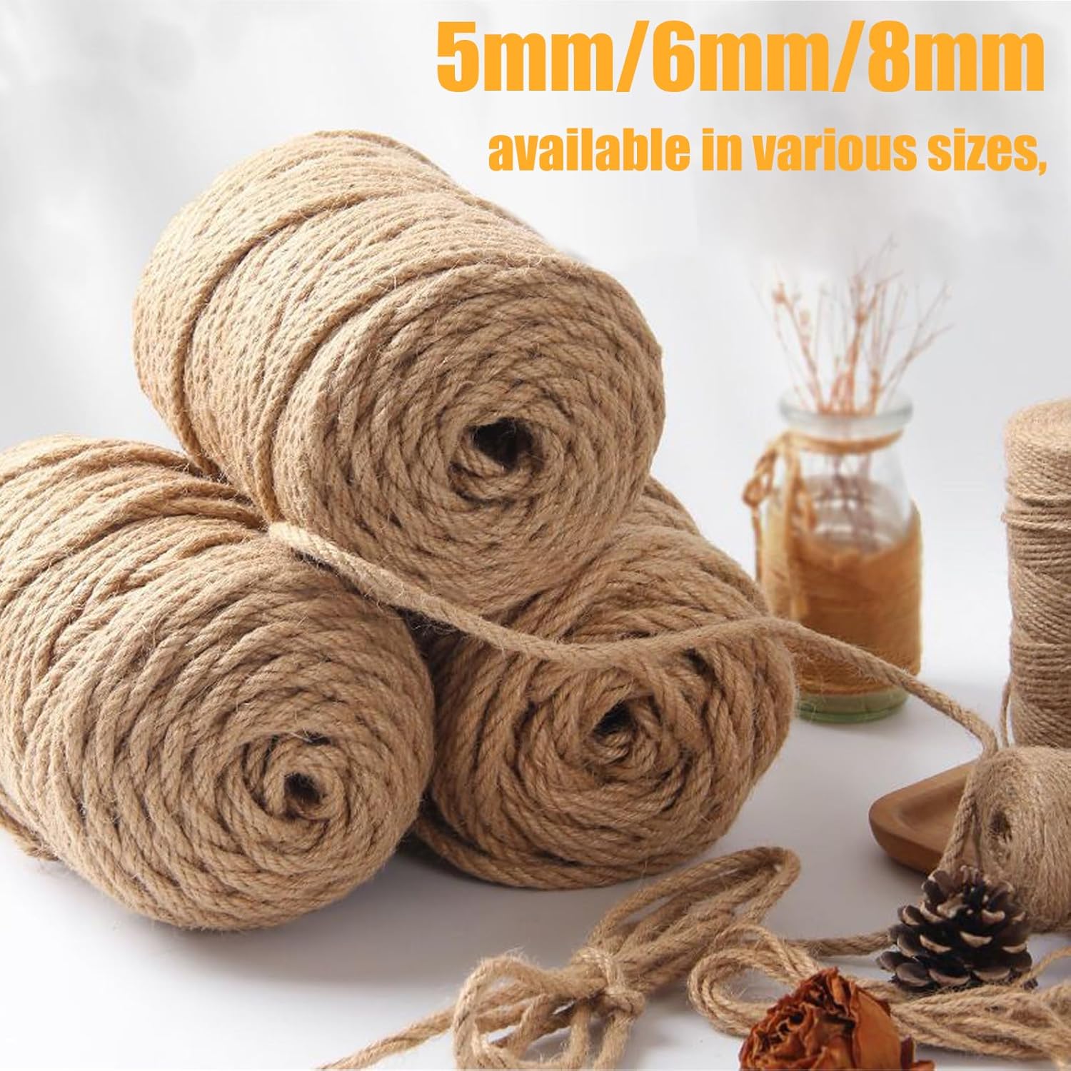 Natural Jute Twine String - 6mm x 164FT Long | Extra Strong & Eco-Friendly for Crafts, Gardening, Packaging, Cat Scratching Posts, and DIY Projects-VerdiqueGarden