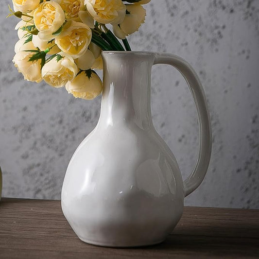 White Ceramic Vase with Big Handles, Modern Farmhouse Decor, Rustic Pottery for Flowers, Decorative Terracotta Centerpiece for Dining Table-VerdiqueGarden
