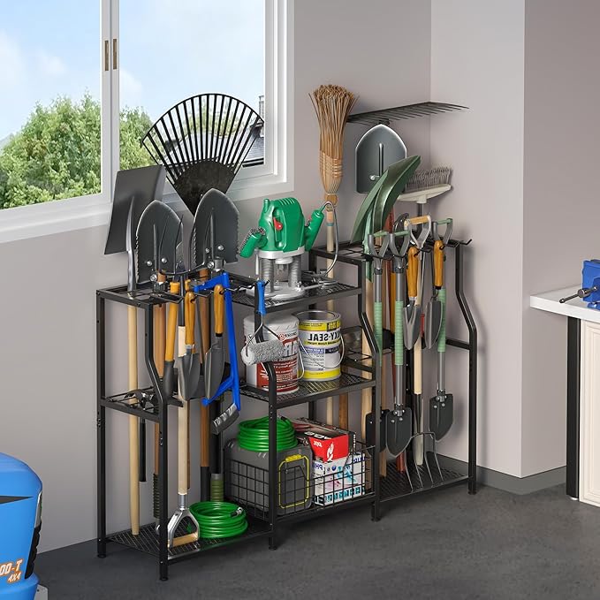 keomaisyto Garden Tool Organizer, Heavy Duty Yard Tool Tower Rack for Garage Organization and Storage, 3 Tier Utility Garden Tool Rack with hooks for Garden/Shed/Garage/Yard/Basement/Lawn-VerdiqueGarden
