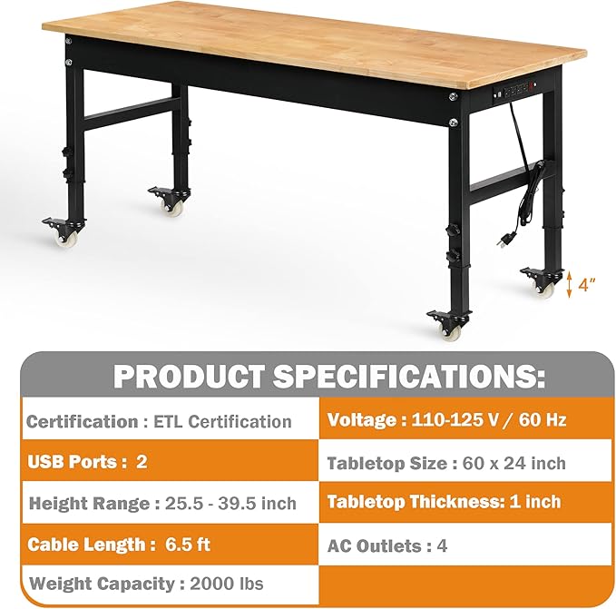 60" Adjustable Workbench for Garage, Rubber Wood Heavy Duty Workstation with Power Outlets & Wheels, 2000 LBS Load Capacity Hardwood Worktable for Workshop, Garage, Office, Home, Commercial-VerdiqueGarden