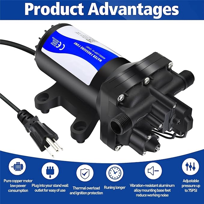 Water Pressure Booster Pump 110v Diapphragm Pump Inline Water Pump 75psi 5.5 GPM Self Priming RV Water Pump for Kitchen, Bathroom, RV, Marine Yacht, Caravan, Garden-VerdiqueGarden