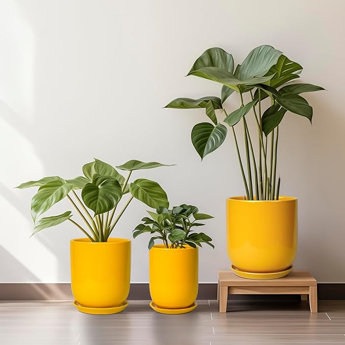 12 Inch Pots for Plants - Ceramic Planter for Outdoor Plants Large Plant Pot Indoor with Drainage Hole Modern Flower Pot for Home Patio Office Decor Yellow-VerdiqueGarden