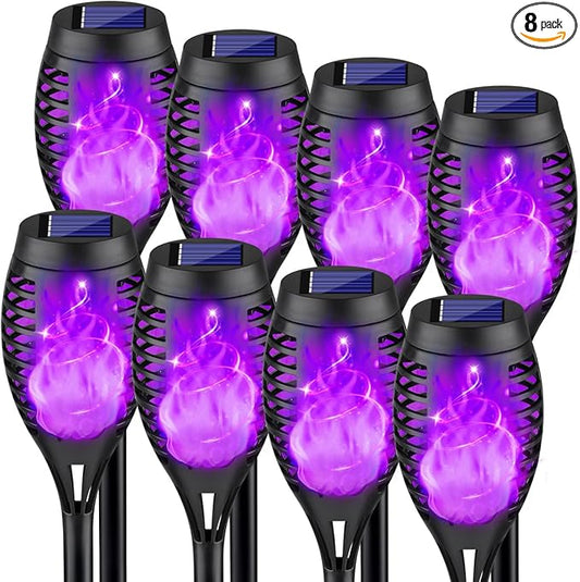 8Pack Halloween Decorations Outdoor, Halloween Solar Lights with Purple Flame for Halloween Decor, Waterproof Halloween Lights Outdoor, Solar Pathway Lights for Lawn Outside Halloween Yard Decorations-VerdiqueGarden