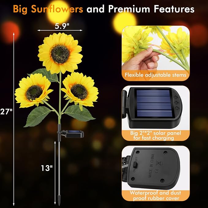 Solar Sunflower Lights, 800mA Solar Garden Light with Real Looking Flowers Outdoor Waterproof Solar Stake Lights for Back Yard, Flower Bed, Pathway, Patio, Porch, Spring Decoration (2 Pack)-VerdiqueGarden