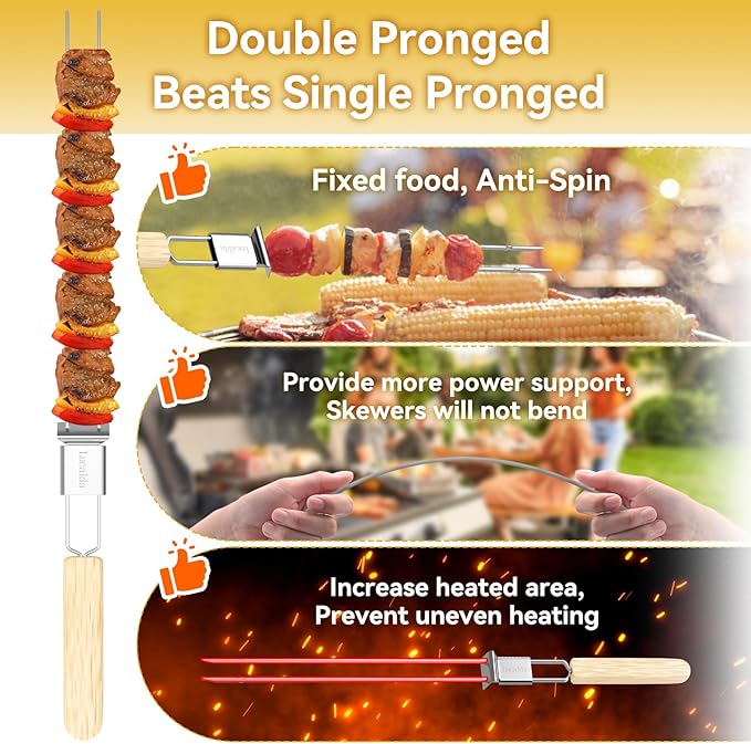 Skewers for Grilling, 17" (6 Pcs) Wooden Handle Double Pronged Stainless Steel Flat Kabob Skewers with Push Bar, Reusable Long Metal Skewer Sticks for Meat Chicken Vegetable, BBQ Accessories-VerdiqueGarden