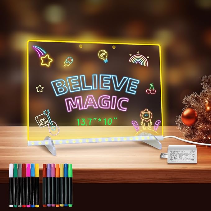 LED Note Board with Highlighters 2 Sets,Doodle Glow Drawing Board,13.7"X10" 6 Modes & 8 Colors, Led Drawing Board for Kids,Gift for Kids Ages 3+,Led Writing Board for Home/Office/Decor-VerdiqueGarden