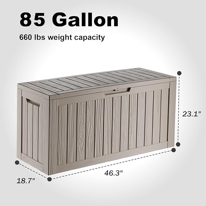86 Gallon Outdoor Deck Box,Storage Lockable Waterproof Patio Furniture,Garden Tools,Cushions,Pool Accessories Outside Storage Resin Box(Grey)-VerdiqueGarden