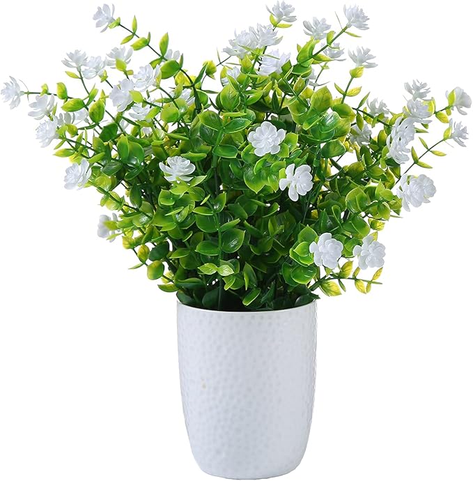 Artificial Plants Flowers Grass Shrubs 8 Pack No Fade Faux Plastic Flowers Outdoor for Vases Farmhouse Garden Porch Patio Office Indoor Wedding Decoration Greenery Fake Plants (2#White)-VerdiqueGarden