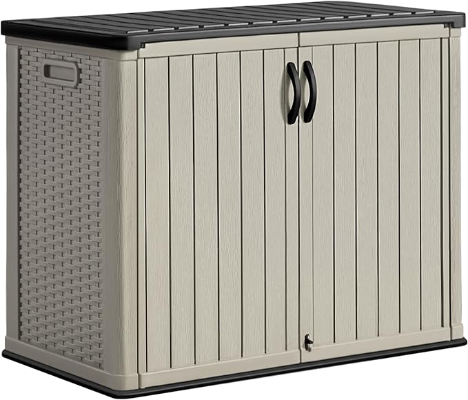 Greesum Outdoor Horizontal Storage Sheds 27 Cu.ft Resin Large Storaged Box Weather Resistance, Without Shelf, Easy to Assemble, Prefect for Garden, Patios, Backyards, Beige-VerdiqueGarden