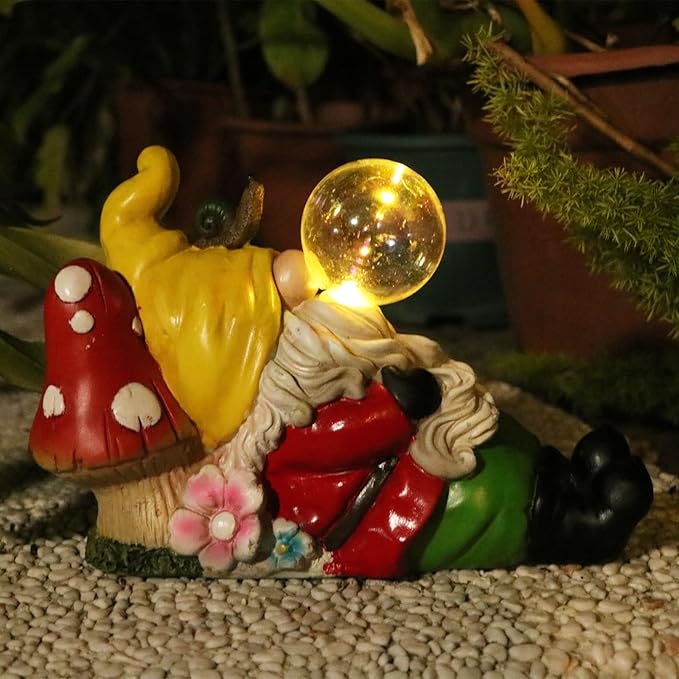 Garden Gnome Statue Outdoor Decor, Funny Gnome Figurine Lying on Mushroom with Crackle Globe Lights, Waterproof Resin Sculptures Lawn Ornament Tabletop Decorations for Porch Yard Decor-VerdiqueGarden