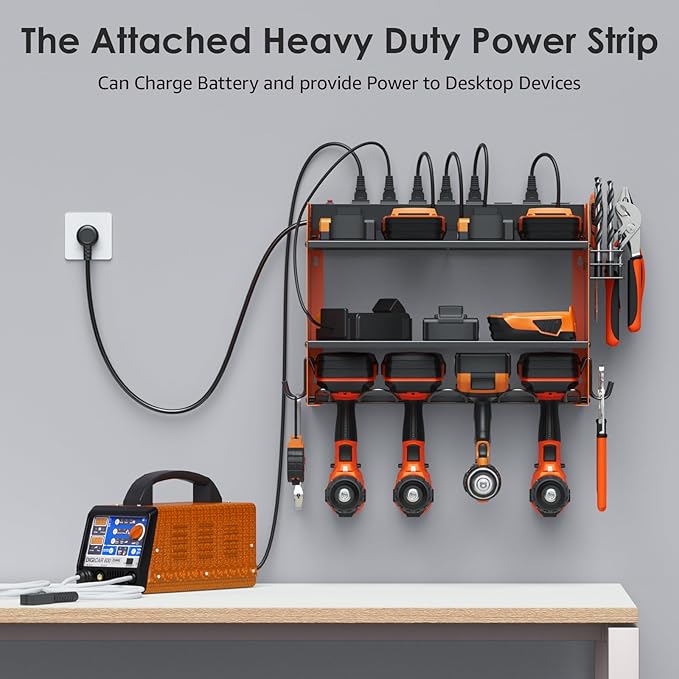 CCCEI Set Power Tool Organizer Wall Mount with Charging Station. Garage 4 Drill Storage Shelf with Hooks, Heavy Duty Metal Tool Battery Charger Organizer. Shop Utility Rack with Power Strip Orange.-VerdiqueGarden