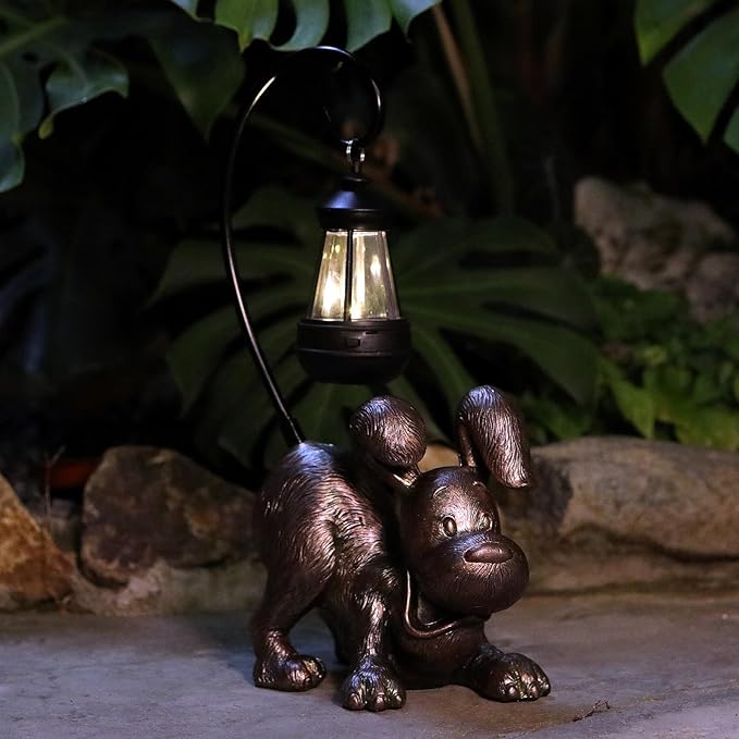 Laughing Dog Figurine with Solar-Powered LED Light 15.9 Inches Tall Antique Bronze, Perfect for Gift Garden Decor or Housewarming for Dog Lovers-VerdiqueGarden