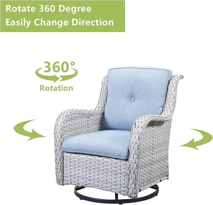 Outdoor Patio Swivel Rocker Chairs - 3 Piece Patio Bistro Set,Wicker Patio Furniture Set with 2 Swivel Rocking Chairs and 1 Glass Top Side Table for Deck Porch Garden,Light Grey/SkyBlue-VerdiqueGarden