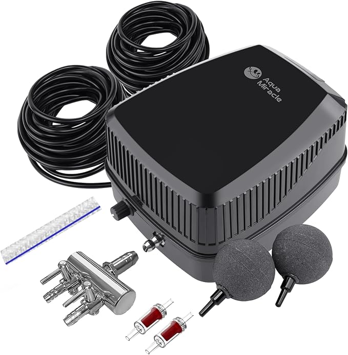 AquaMiracle Pond Aeration Kit Pond Air Pump Koi Pond Aerator for Pond up to 1500 Gallons Pond Deicer All-in-One Pond Aeration System with 2-Outlet Airline Tubing Air Stones Check Valves-VerdiqueGarden