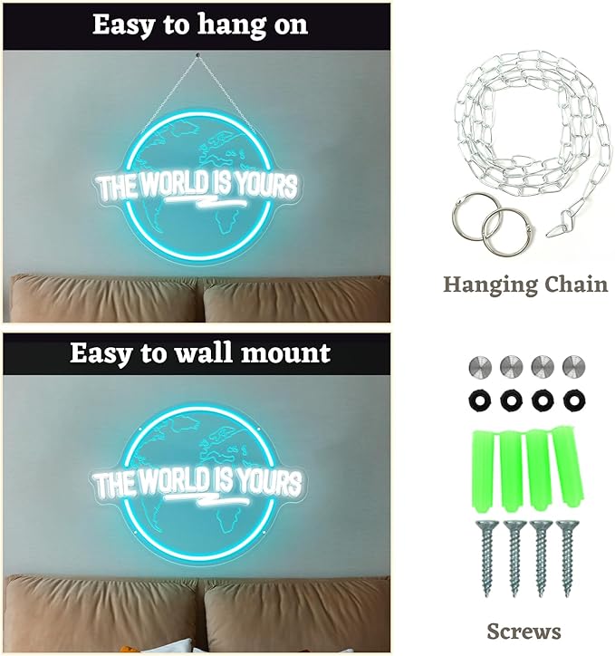 The World Is Yours Neon Sign, Carved Planet The World Is Yours LED Neon Light Signs for Wall Decor, Light Up Signs for Man Cave Game Room Bedroom Birthday Gift-VerdiqueGarden