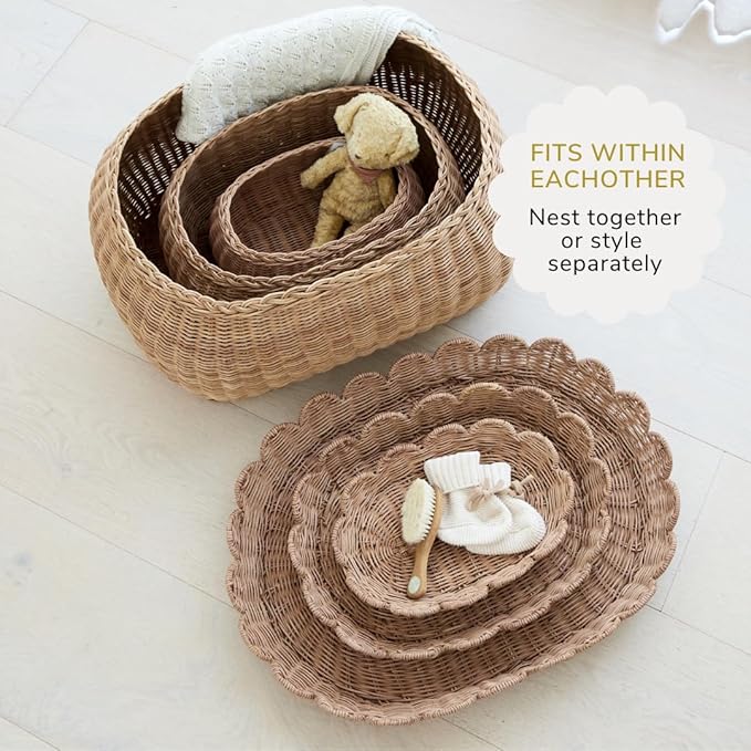 BEBE BASK Large Scalloped Basket Set Of 3 - Hand-Woven & Award-Winning Scallop Basket - XL - Extra Large for Blankets 22 x 16 x 10 In - Elegant Wicker With Scalloped Edge Lid (Mocca)-VerdiqueGarden