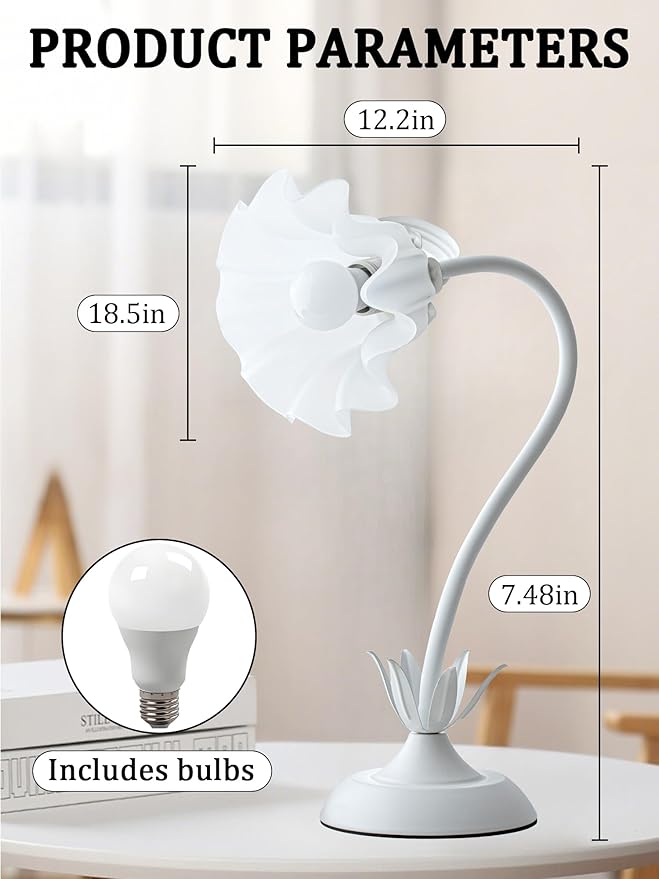 Flower Table Lamp,LED Reading Light Bedside Vintage Flower Night Light,3 Colors Modes Kawaii Bedside Lamps Decor,Living Room Bedroom Room Lighting Table Lamps Home Decoration (White)-VerdiqueGarden
