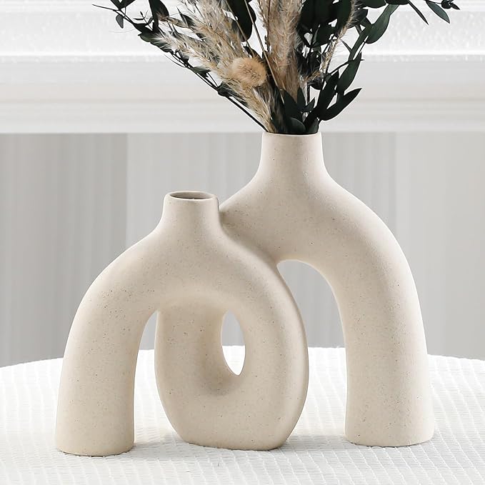 CEMABT Modern Nordic Boho Vase Set - Elegant Beige Matte Ceramic Home Decor for Living Room, Bookshelf, Mantel, Entryway Table & Console Décor | Shelf Decorations Gift-VerdiqueGarden