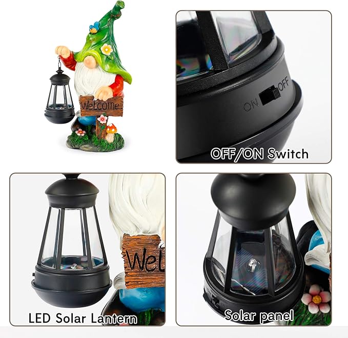 Garden Gnome Statue, Resin Figurine with Bright Solar Lantern Lights and Welcome Sign, Outdoor Solar-Powered Illumination Yard Art Decorations for Indoor Outdoor Patio Lawn Garden Room-VerdiqueGarden