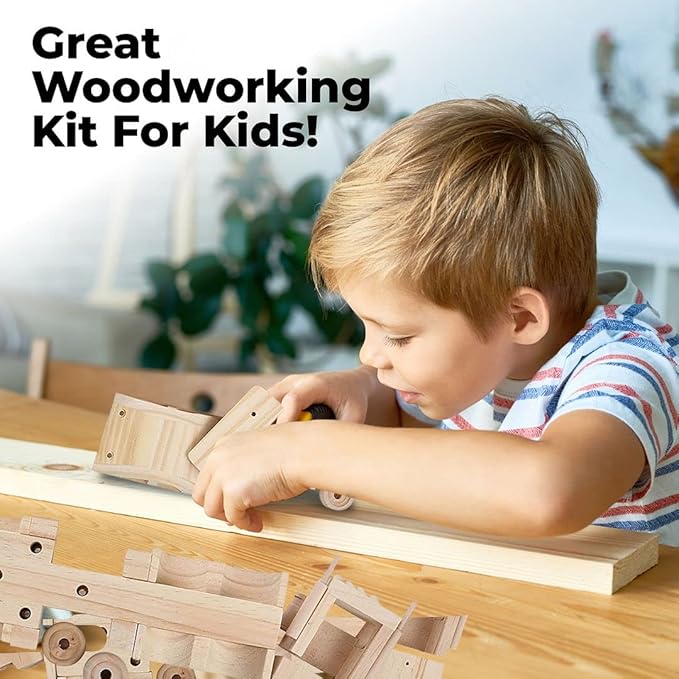 Kraftic Woodworking Building Kit for Kids and Adults, 3 Educational DIY Carpentry Construction Wood Model Kit Toy Projects for Boys and Girls - Build a Wooden Military Jet Race Car and Tractor Trailer-VerdiqueGarden