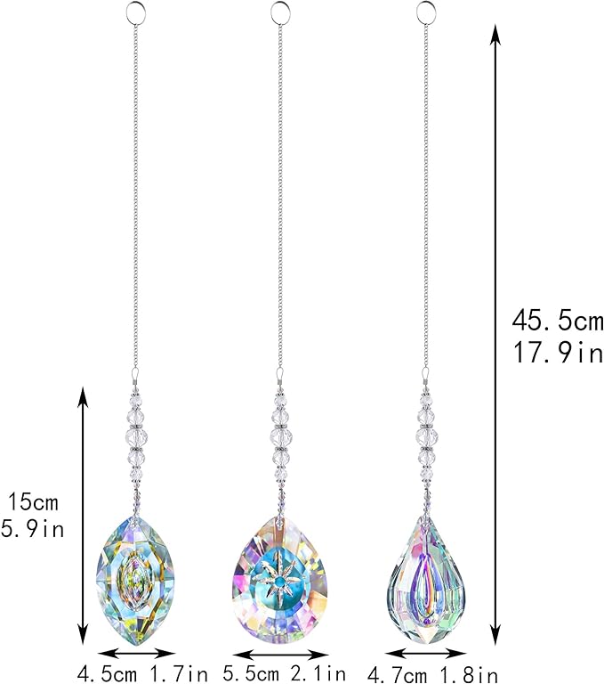 HDCRYSTALGIFTS Pack of 3 Crystal Suncatchers,AB Colored Sun Catchers with Crystals for Window Hanging Rainbow Maker Prisms Suncatchers Indoor Outdoor Decorations Ornaments-VerdiqueGarden
