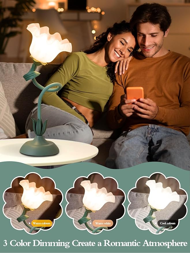 Flower Table Lamp,LED Reading Light Bedside Vintage Flower Night Light,3 Colors Modes Kawaii Bedside Lamps Decor,Living Room Bedroom Room Lighting Table Lamps Home Decoration (Green)-VerdiqueGarden