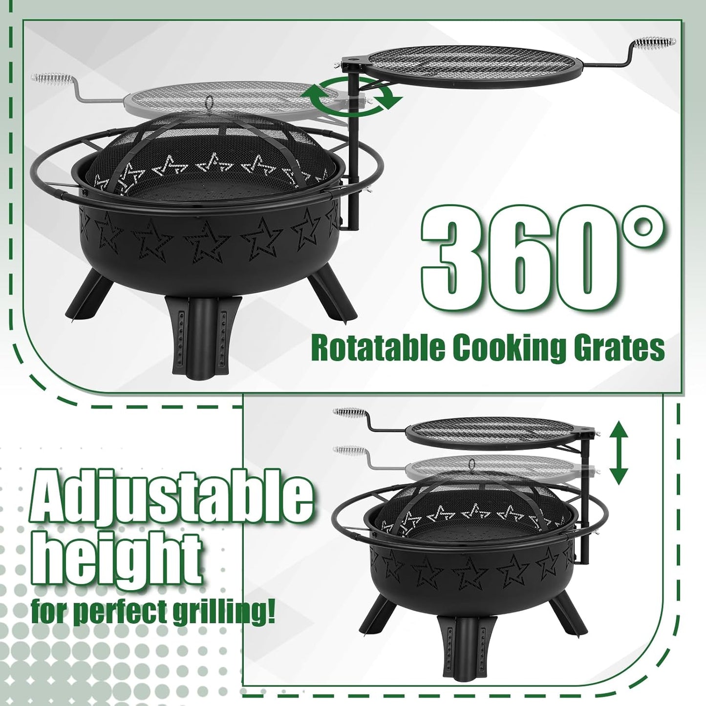 31" 2-in-1 Wood Burning Fire Pit with Swivel BBQ Grills & Spark Screen for Outside - Heavy Duty Outdoor Firepit with Charcoal Pan, Log Rack & Poker - for Backyard, Patio, Garden Bonfire-VerdiqueGarden