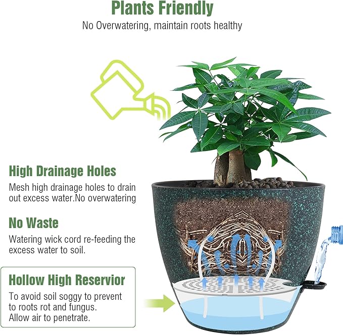 12 inch Large Self Watering Pots, Plastic Planters with 60oZ Removable Deep Reservoir and Multi Mesh Drainage Holes for Indoor Outdoor Garden Plants and Flowers, Black with Green Speckles-VerdiqueGarden