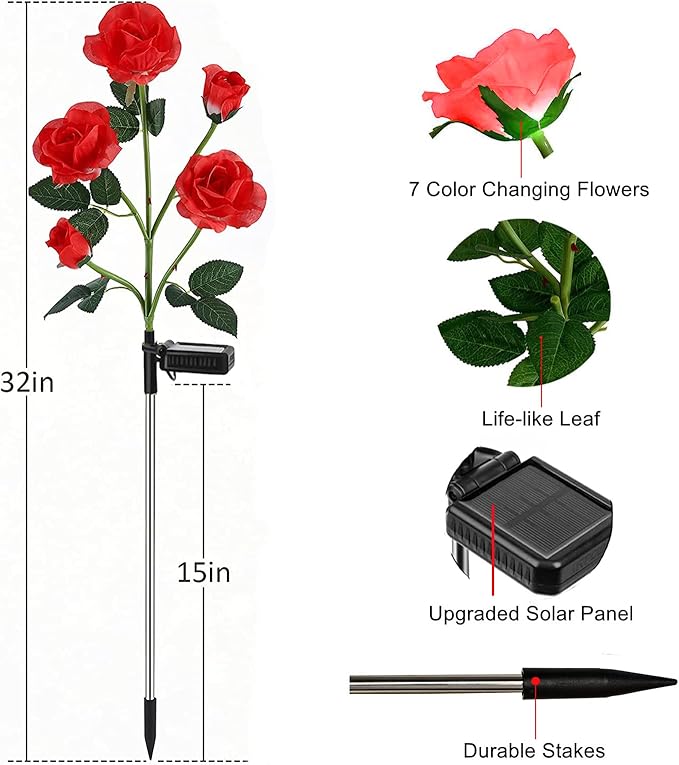 ANGMLN 2 Pack Solar Garden Lights, Solar Flower Lights Outdoor Waterproof with 10 Head Red Rose 7-Color Changing Landscape Light for Pathway Garden Patio Yard Valentine's Day Christmas Decoration-VerdiqueGarden