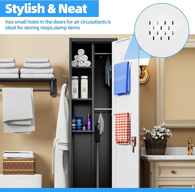 72''H Metal Broom Closet Storage Cabinet with Wheels & Pegboards, Mops Broom Closet Organizer with Locking Door & Hanging Rod,Cleaning Tool Garage Cabinet,Assembly Required,Black White-VerdiqueGarden