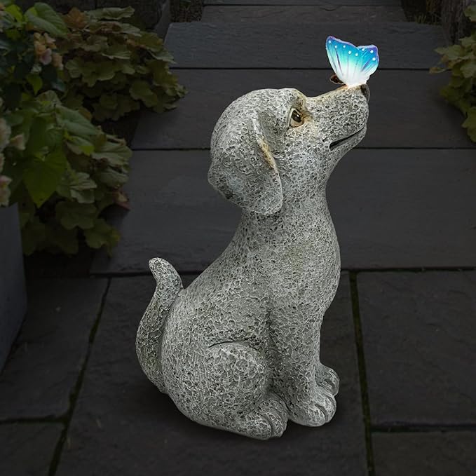 Solar Garden Outdoor Statues Dog with Butterfly Lights, Lawn Decor Puppy Figurine for Patio Balcony Yard, Yard Unique Christmas Birthdays Gift for Mom Grandma-VerdiqueGarden