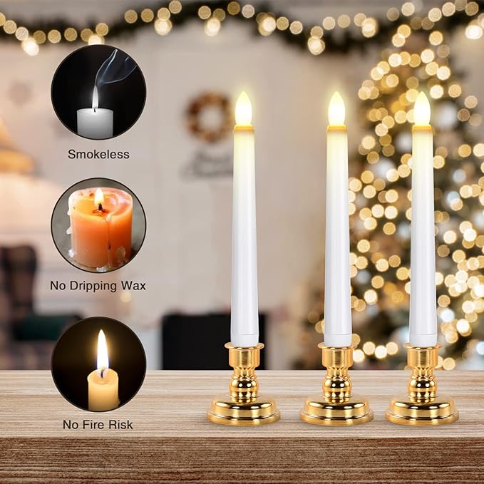 JOSU Taper Battery Operated Candles: 8PCS Flickering Flameless Candles with Timer - 3D Wick Fake Window Candle Outdoor +8 Gold Candlesticks, for Home Decor & Festival Celebration-VerdiqueGarden