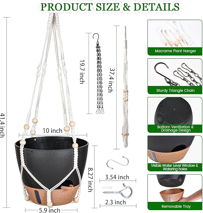 10 Inch Hanging Planters for Indoor Plants, 2 Pack Self Watering Hanging Baskets Flower Pots with Drainage Hole, Visual Reservoir & 2 Kinds of Plant Hanger for Outdoor Garden Home Decor-VerdiqueGarden