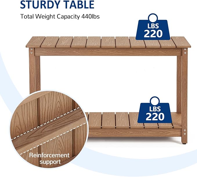 Outdoor Console Table, 48" Weather Resistant HIPS Patio Side Table, 440LBS Weight Capacity, 2-Tier Multifunctional Buffet Bar Storage Organizer for Garden Deck, Teak-VerdiqueGarden
