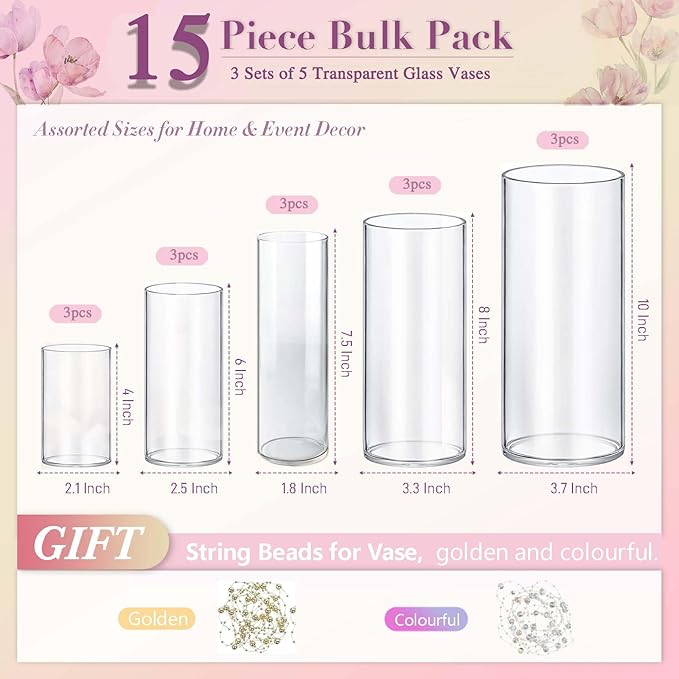 15pcs Cylinder Vases for Centerpieces Small Flower Glass Vases Clear Vase Home Decor Centerpiece Table Flower Vase Decorations for Wedding Decoration＆Holiday Mixed Sizes Tall-VerdiqueGarden