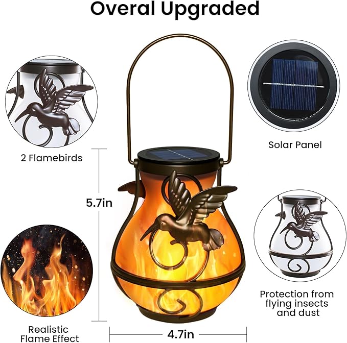 Solar Lights Outdoor Decorative, Hummingbird Flickering Flame Lantern Waterproof, Garden Decor Hanging Lights for Outside Patio Pathway Yard, Christmas Birthday Gifts, 2 Pack-VerdiqueGarden