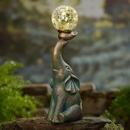 MININOVA Garden Decor Outdoor Statues Elephant with Cracked Glass Ball, Cute Solar Figurine for Patio, Lawn, Yard Art Ornament Decorations (8 LED Lights)-VerdiqueGarden
