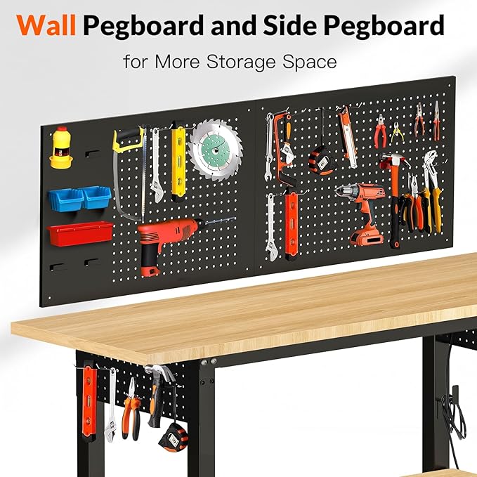Adjustable Height Workbench, Heavy Duty Table Rubber Wood Workstation with Power Outlet & Pegboard for Garage, Office, Workshop, Home,Commercial (60"×22"|Shelf)-VerdiqueGarden