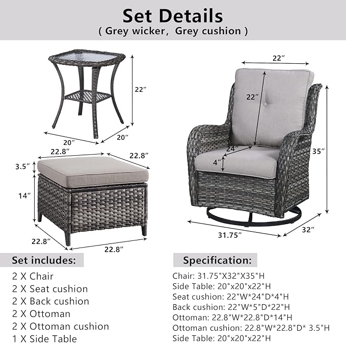 5 Pieces Patio Furniture Sets Wicker Outdoor Furniture, Rattan Patio Swivel Glider Chairs with 2 Ottoman and Glass Side Table-VerdiqueGarden