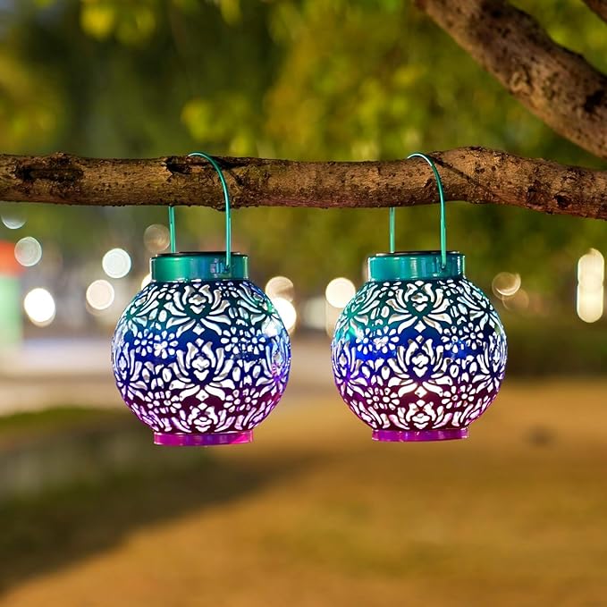 2 Pack Outdoor Solar Hanging Lantern Lights Metal LED Decorative Lamp for Garden Patio Courtyard Lawn and Table with Hollowed-Out Design (Royal Purple)-VerdiqueGarden